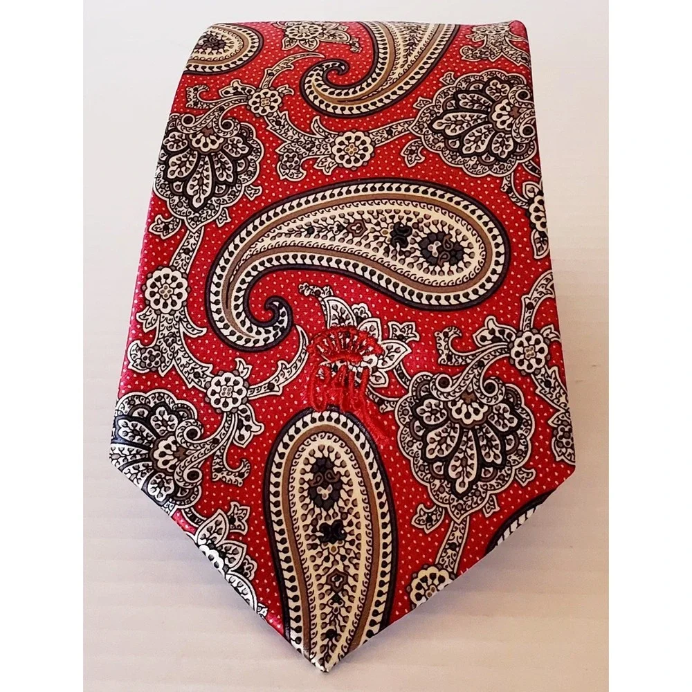 Countess Mara Necktie Sistine Satin Paisley Red Black Ivory Tie Logo Embroidered - Picture 5 of 11